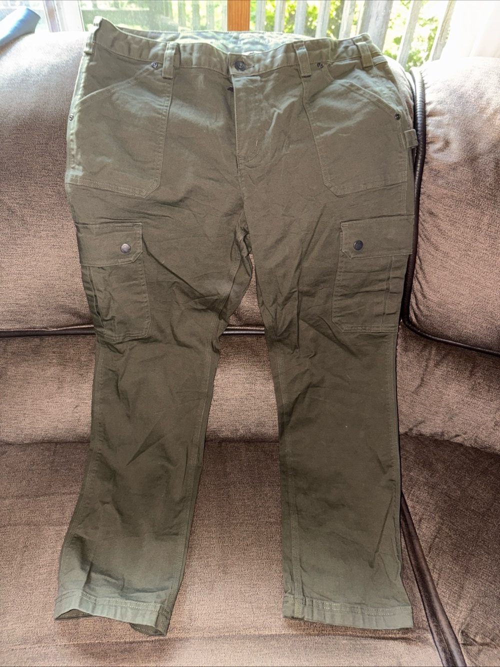 Duluth Trading Curvesetter Waistband Olive Canvas Cargo Pants Womens 14x 29 NEW